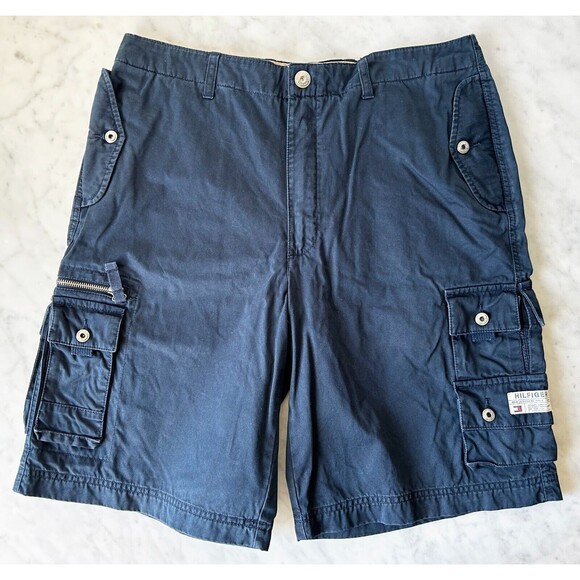 Tommy Hilfiger Cargo Shorts Navy Blue Military Fatigue Pant 100% Cotton-Mens 33 - Picture 1 of 5